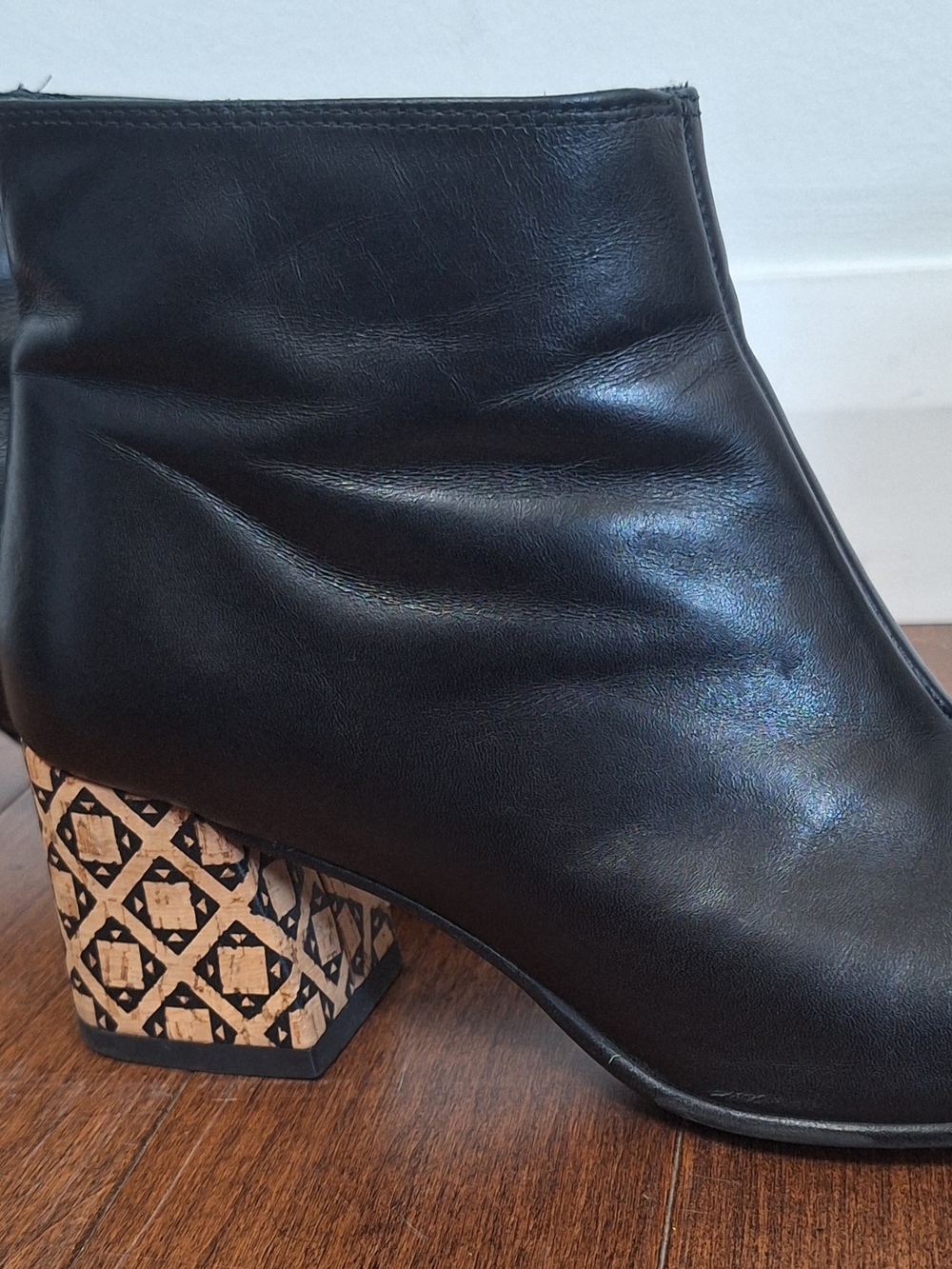 Black Leather Ankle Boot with Patterned Block Heel